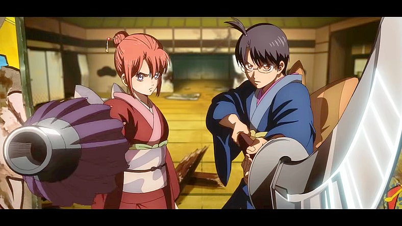 Kagura (Rie Kugimiya) and Shinpachi Shimura (Daisuke Sakaguchi) prepare to strike in the announcement teaser for New Gintama the Movie: Yoshiwara in Flames (2026), BN Pictures