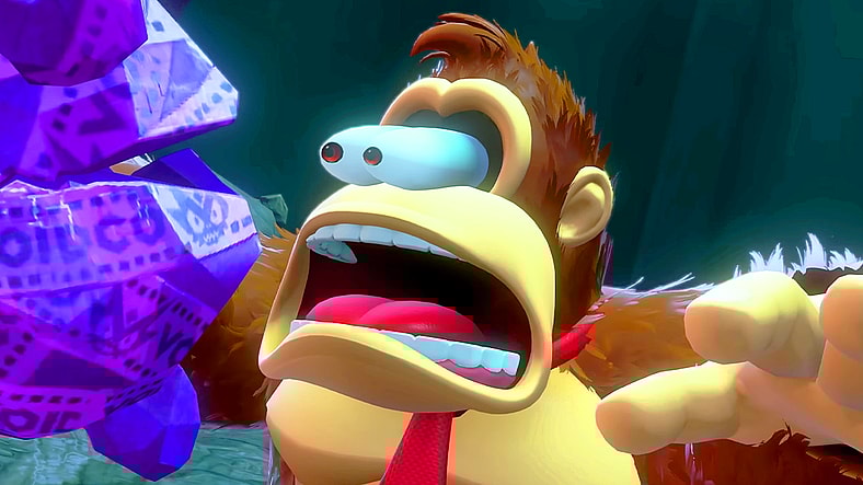 Donkey Kong (Takashi Nagasako) and Odd Rock (Yurianne Eve) are shocked by the other's existence in Donkey Kong Banaza (2025), Nintendo
