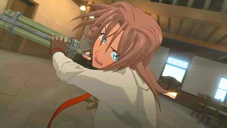 Milly Thompson (Chika Ayamori) busts through in Trigun: Stargaze (2026), Orange