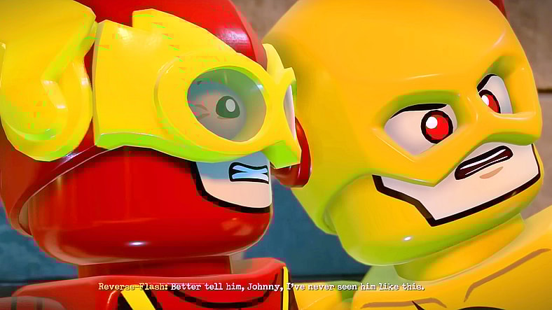 The Flash (Jason Spisak) and Reverse-Flash (C. Thomas Howell) play 'Good Cop/Bad Cop' to trick Johnny Quick (Anthony Ingruber) in LEGO DC Super-Villains (2018), Warner Bros. Games