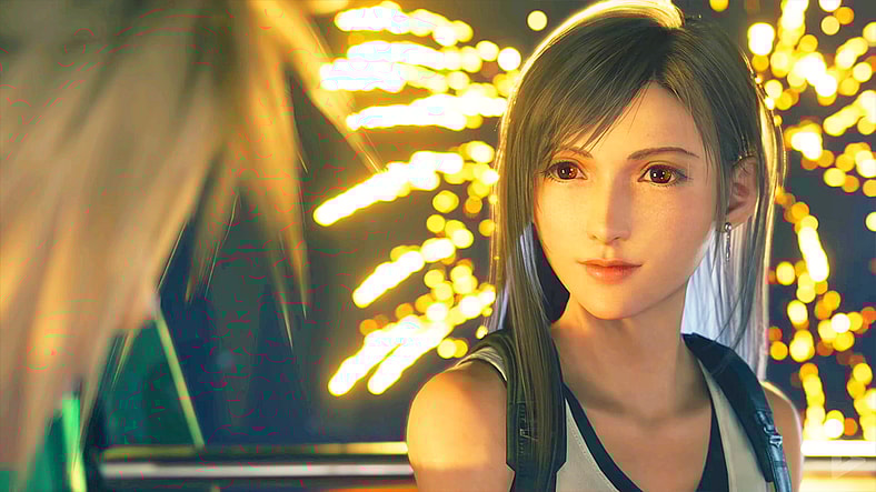 Cloud (Takahiro Sakurai) and Tifa (Ayumi Ito) spend some time together at the Golden Saucer in Final Fantasy VII Rebirth (2024), Square Enix