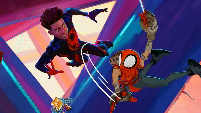 The Mangaverse Spider-Man (N/A) takes a swing at Miles (Shameik Moore) in Spider-Man: Across the Spider-Verse (2023), Sony Animation
