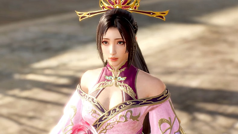 Diaochan (Rika Komatsu) refuses to venture any furhter at Lu Bu's (Tetsu Inada) side in Dynasty Warriors 9 (2018), Koei Tecmo
