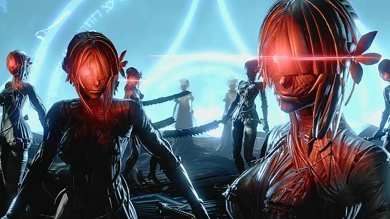 Shadowlord (Koji Yusa) and Yonah (Ai Nonaka) summon a legion of Kainé (Atsuko Tanaka) clones in Nier Replicant ver.1.22474487139 (2021), Square Enix