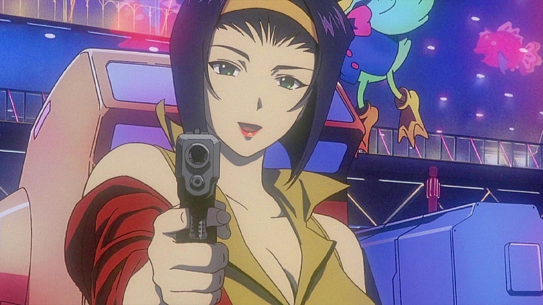 Faye (Megumi Hayashibara) gets the drop on Sampson (Yuji Ueda) in Cowboy Bebop: Knockin' on Heaven's Door (2002), Sunrise Films