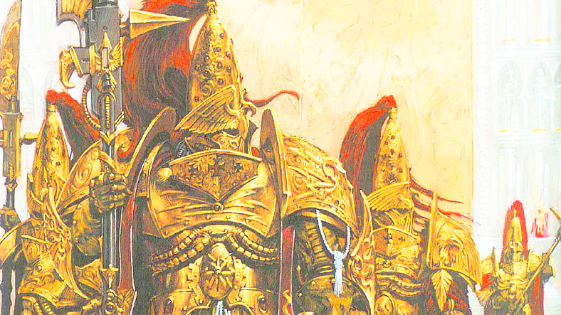 The Adeptus Custodes are ready to stamp out Heresy in Adrian Smith's 'Custodian Command Squad' art for the Warhammer 40K Horus Heresy CCG (2004), Games Workshop