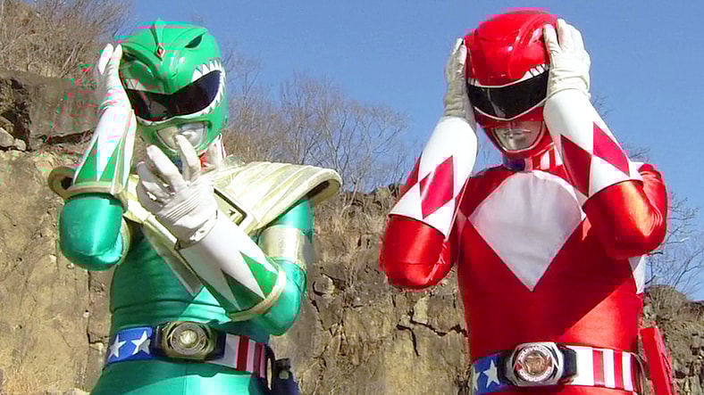 DragonRanger (Takeshi Kusao) and TyrannoRanger (Tomokazu Seki) begin to wake up from their American brainwashing in Unofficial Sentai Akibaranger Season 2, Episode 5 "Delusional Imports" (2013), Toei Co. Ltd.