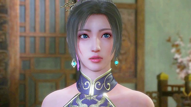 Diaochan (Hitomi Ueda) is taken aback by the Wanderer's (Jun Fukuyama) concern in Dynasty Warriors: Origins (2025), Koei Tecmo