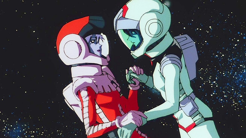Shiro Amada (Nobuyuki Hiyama) and Aina Sahalin (Kikuko Inoue) feel a fire igniting between them in Mobile Suit Gundam: The 08th MS Team Episode 1 "War for Two" (2001), Sunrise