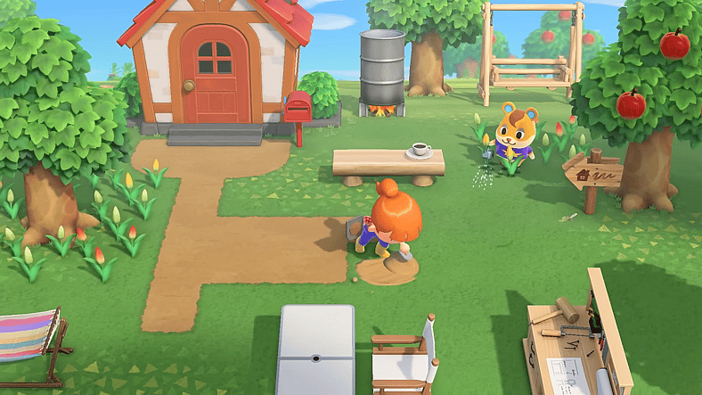 The player makes a dirt path in front of their house in Animal Crossing: New Horizons (2020), Nintendo