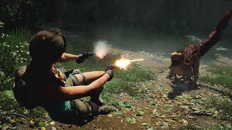 Lara Croft (Alix Wilton Regan) leaps away from a raptor, guns blazing, in Tomb Raider: Legacy of Atlantis (2026), Amazon Game Studios