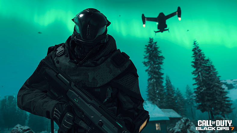 Axel Vermaak (TBA) amid an aurora borealis and drone in Call of Duty: Black Ops 7 (2025), Activision
