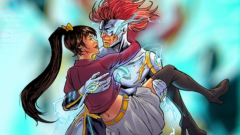Zephyr Arland comes to the quick rescue of Trinity in RippaZine Vol. 1 #5 "Blue-Shift: Tryouts" (2025), Rippaverse. Words by Andrew Rodriguez, art by Edu Souza and Andrew Cramer.