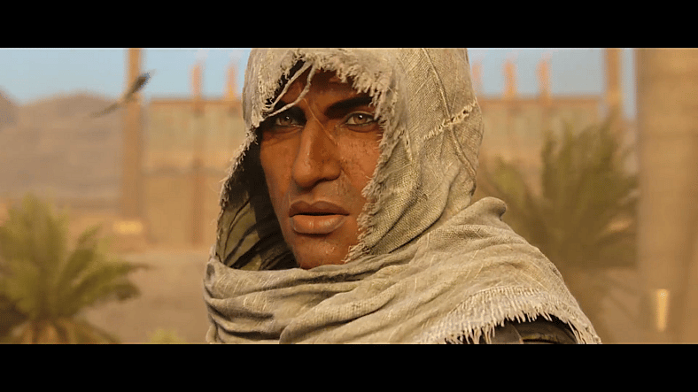 Bayek of Siwa (Abubakar Salim) confronts Medunamun's (Unknown) men in Assassin's Creed Origins (2017), Ubisoft