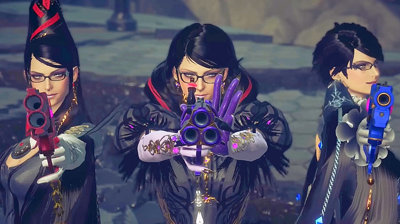 A trio of Bayonettas (Atsuko Tanaka) take aim at Singularity (Toshihiko Seki) in Bayonetta 3 (2022), PlatinumGames