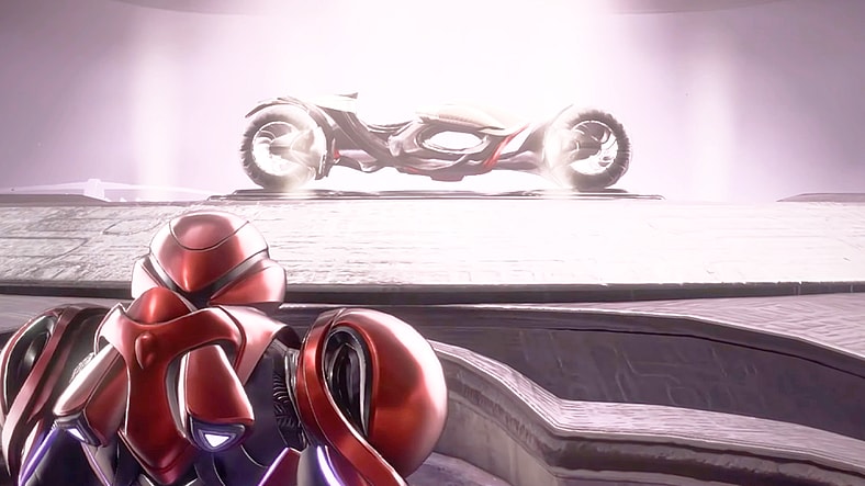 Samus Aran (Erin Yvette) gets her first look at the Vi-O-La cycle's full glory in Metroid Prime 4 (2025), Nintendo