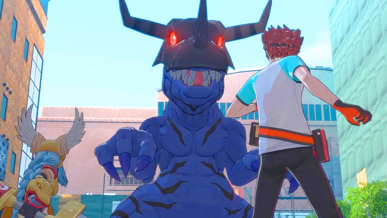Dan Yuki (Hiro Shimono) and Minveramon (Ryoko Shirashi) prepare to defend Tokyo from a rogue Greymon (TBA) in Digimon Story: Time Stranger (2025), Bandai Namco