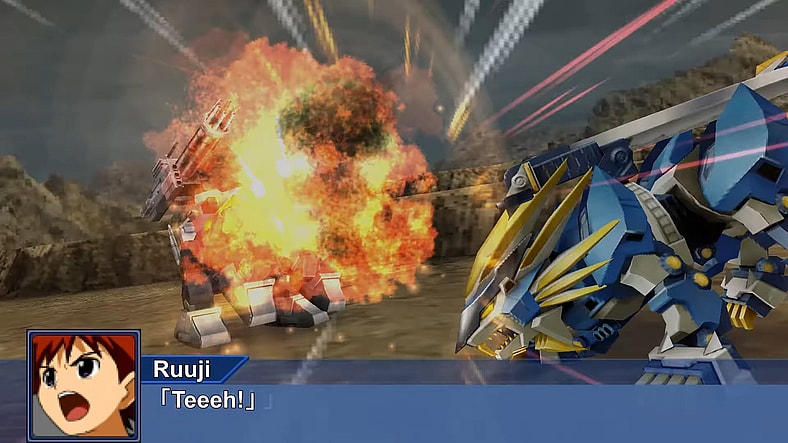 Ruuji Familon (Hiromi Hirata) pilots the Murasame Liger into battle in Super Robot Wars Operation Extend (2013), Bandai Namco