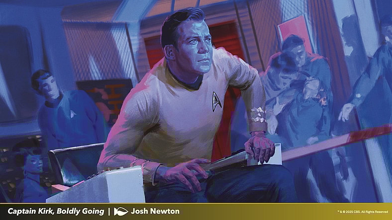 The USS Enterprise heads for the final frontier via Captain Kirk, Boldly Going (Card #TBA), Magic: The Gathering - Star Trek (2026), Wizards of the Coast. Art by Josh Newton.