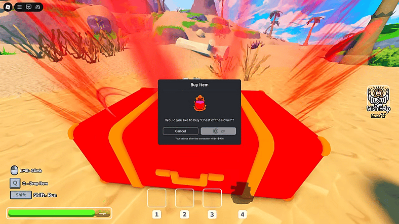 A player faced with opening a "Chest of the Power" for 29 Robux in Rise (2025), formerly Cliff, Pew Studios