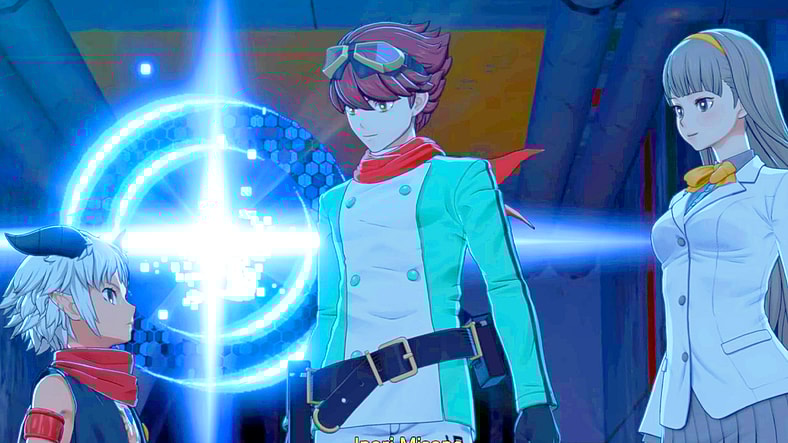 Aegiomon (Mutsumi Tamura), Dan Yuki (Hiro Shimono, and Inori Misono (Kana Ichinose) have a bonding moment in Digimon Story: Time Stranger (2025), Bandai Namco