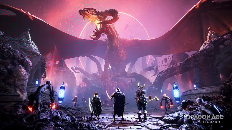 The party faces down a mighty dragon in Dragon Age: The Veilguard (2024), Electonic Arts