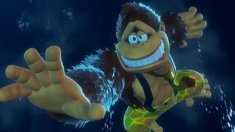 DK (Koji Takeda) watches on in horror as the Great Harmoneel kidnaps Pauline (Yurianne Eve) in Donkey Kong Bananza (2025), Nintendo