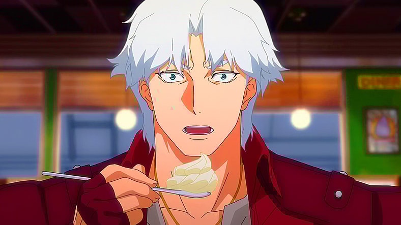 Dante (Johnny Yong Bosch) is interrupted while eating his favorite desert in Devil May Cry Season 1 Episode 3 "The Deep and Savage Way" (2025), Netflix