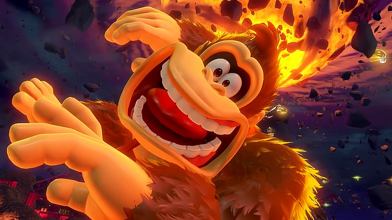 Donkey Kong (Takashi Nagasako) panics as he is lifted into the air in Donkey Kong Bananza (2025), Nintendo