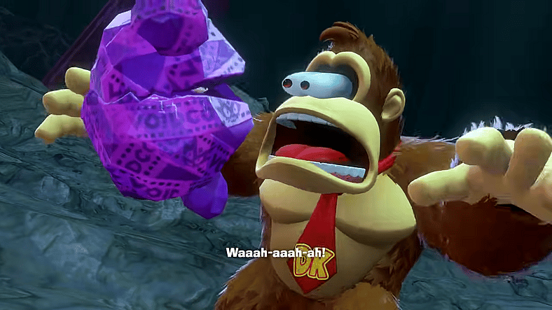 Donkey Kong (Takashi Nagasako) and Odd Rock (TBA) scream at one another in Donkey Kong Banaza (2025), Nintendo