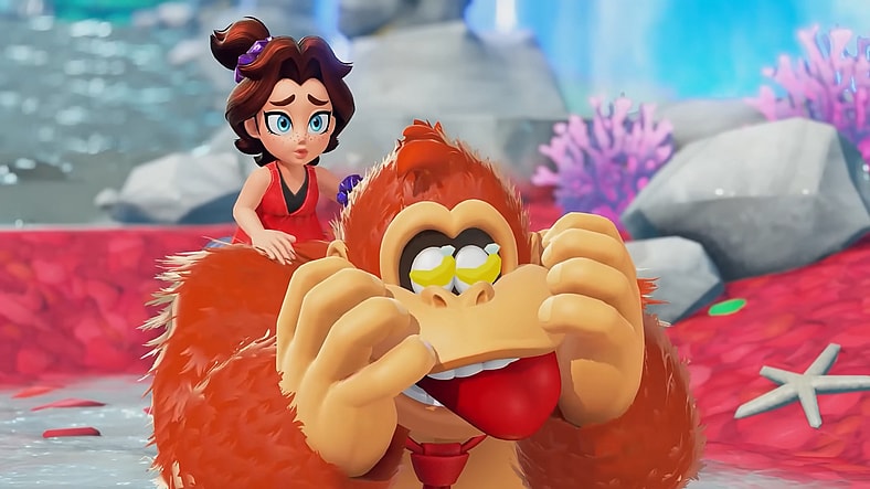 DK (Koji Takeda) gets a little distracted as Pauline (Yurianne Eve) tells Void Kong (Yu Hayashi) to kick rocks in Donkey Kong Bananza (2025), Nintendo