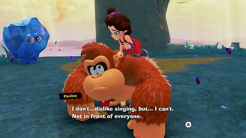 Pauline (Yurianne Eve) admits to DK (Koji Takeda) that she's not a fan of public singing in Donkey Kong Bananza (2025), Nintendo