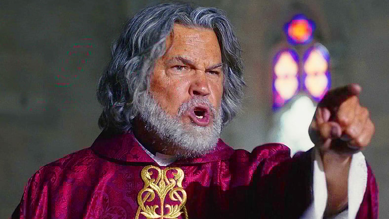 Monsignor Jefferson Wicks (Josh Brolin) delivers his final, fiery sermon in Wake Up Dead Man: A Knives Out Mystery (2025), Netflix