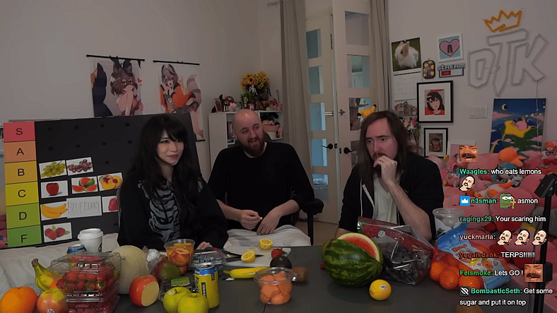 Asmongold eats a lemon, and many other fruit, for the first time via Emiru, YouTube