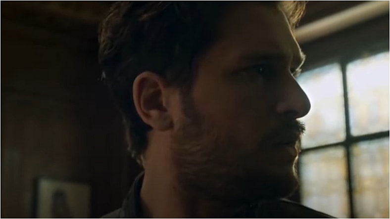 Dan Whitman (Kit Harrington) startled by Blade (Mahershala Ali) while taking the Ebony Blade in Eternals, 2021, Marvel Entertainment