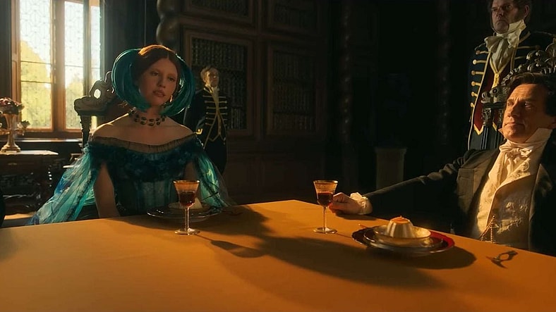 Frankenhole, Elizabeth (Mia Goth) gives her fiancée's brother the resting bird face in Frankenstein (2025), Netflix