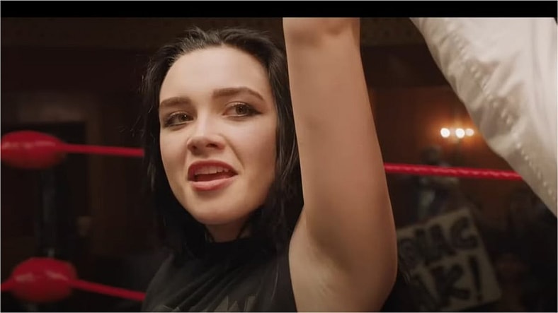 Saraya 'Paige' Bevis (Florence Pugh) confirmed as the winner in the ring in Fighting with my Family, 2019, MGM