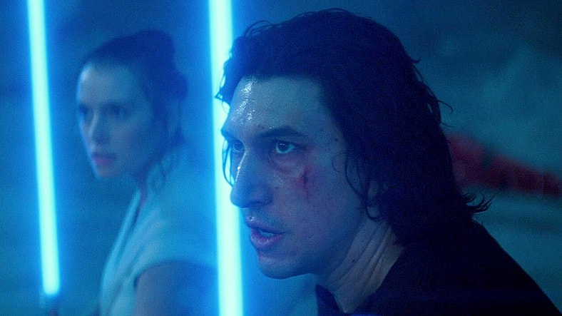Kylo Ren (Adam Driver) stands with Rey (Daisy Ridley) against Emperor Palpatine (Ian McDiarmid) in Star Wars: Episode IX - The Rise of Skywalker (2019), Disney/Lucasfilm
