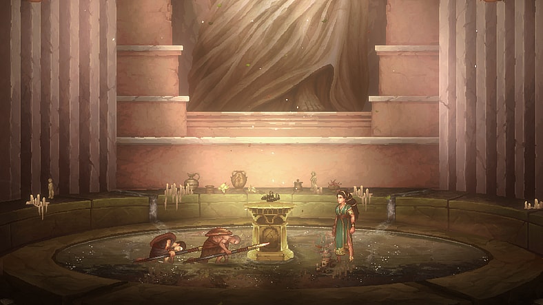 Kratos (Antony Del Rio) and Deimos (Scott Menville) bow before Eleonora (Amelia Rose Blaire) in Nike's Temple in God of War Sons of Sparta (2026), Sony Interactive Entertainment