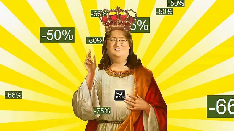 Gabe Newell depicted as a saint amid the Steam Sale in TONIGHT'S THE NIGHT on YouTube