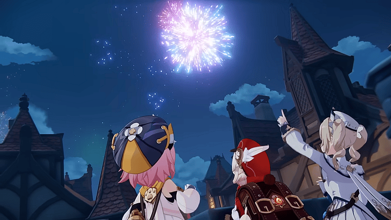 Diona (Izawa Shiori), Klee (Kuno Misaki), Barbara (Kitou Akari) watch the fireworks in Genshin Impact (2020), HoYoverse