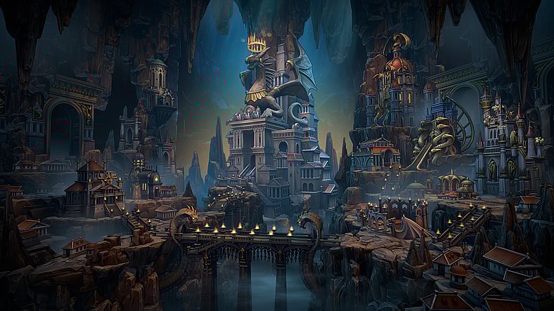 The Dungeon faction city in all its dark glory in Heroes of Might and Magic: Olden Era (2026), Ubisoft