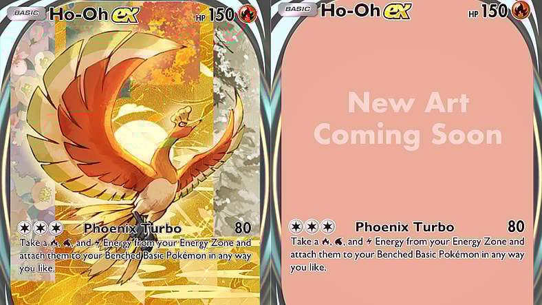 Ho-Oh takes to the skies via Ho-Oh EX (Card #240), Pokémon Trading Card Game Pocket Wisdom of Sea and Sky (2025), Nintendo. Art by SIE NANAHARA. / The temporary placeholder artwork for Ho-Oh EX (Card #240), Pokémon Trading Card Game Pocket - Wisdom of Sea and Sky (2025), Nintendo