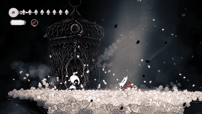 Hornet duels a mysterious woman amid white flowers in Hollow Knight: Silksong (TBA), Team Cherry