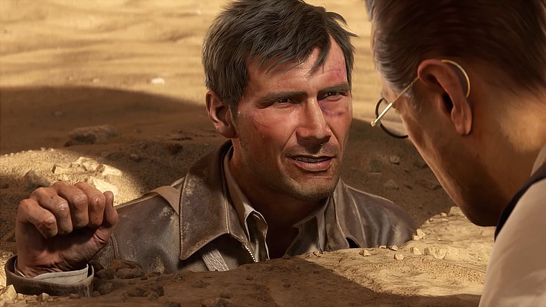 Indiana Jones (Harrison Ford, Troy Baker) face to face with Emmerich Voss (Marios Gavrilis) in Indiana Jones and the Great Circle (2024), Bethesda Softworks.