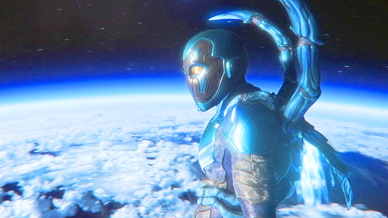 Jamie Reyes (Xolo Maridueña) gets an angelic look at Earth in Blue Beetle (2023), DC Studios