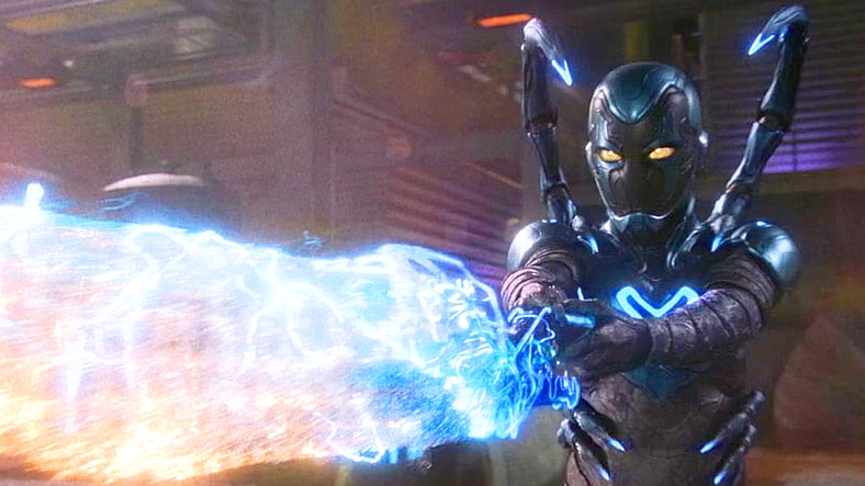 Jamie Reyes (Xolo Maridueña) strikes the 'Obari Pose' in Blue Beetle (2023), DC Studios