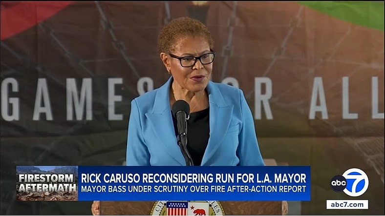 LA Mayor Karen Bass addressing allegations that she watered down the Palisades Fire report in January 2026, ABC Via YouTube