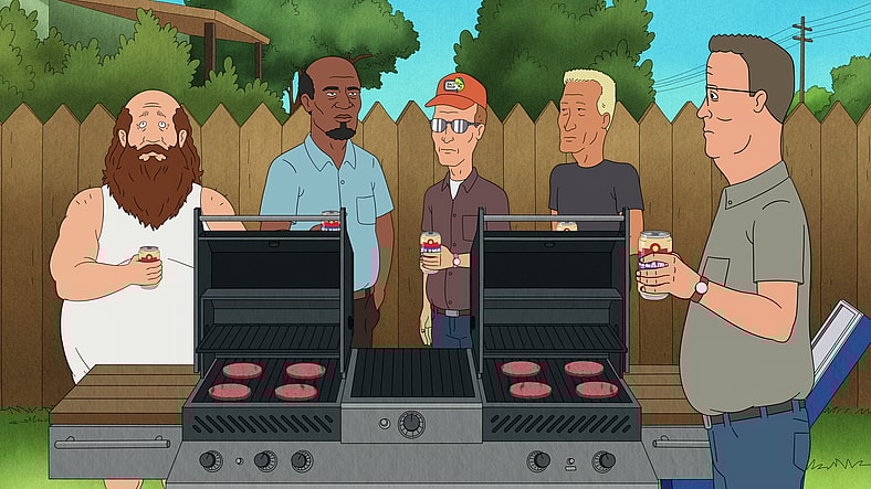 Bill (Stephen Root), Brian (Keith David), Dale (Johnny Hardwick/Toby Huss), Boomhauer (Mike Judge) and Hank (Mike Judge) reunite for their first cook out in a long while in King of the Hill Season 14 Episode 1 "Return of the King" (2025), Disney/Hulu