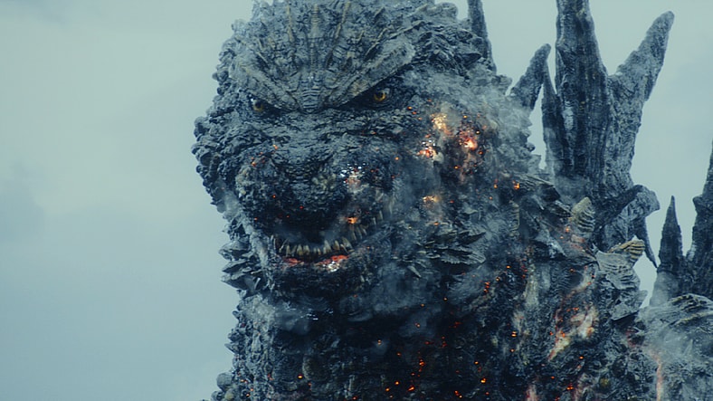 Godzilla reveals he's unphased by the Imperial Japanese Army's latest attack in Godzilla Minus one (2023), Toho Co. Ltd.